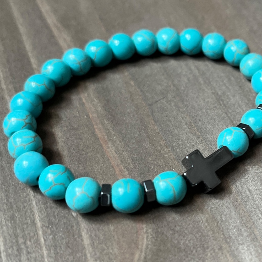 Women's Natural Turquoise Stone and Cross Stretch Bracelet